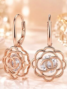 Rose Gold Floral Drop Earrings with Crystal Center